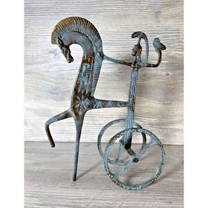Frederick Weinberg Style Etruscan Horse Chariot Athena & Owl Brass Verde Patina